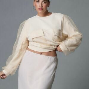 by Anthropologie Cream Neutral Utility Pocket Pullover Sweater Small Cropped